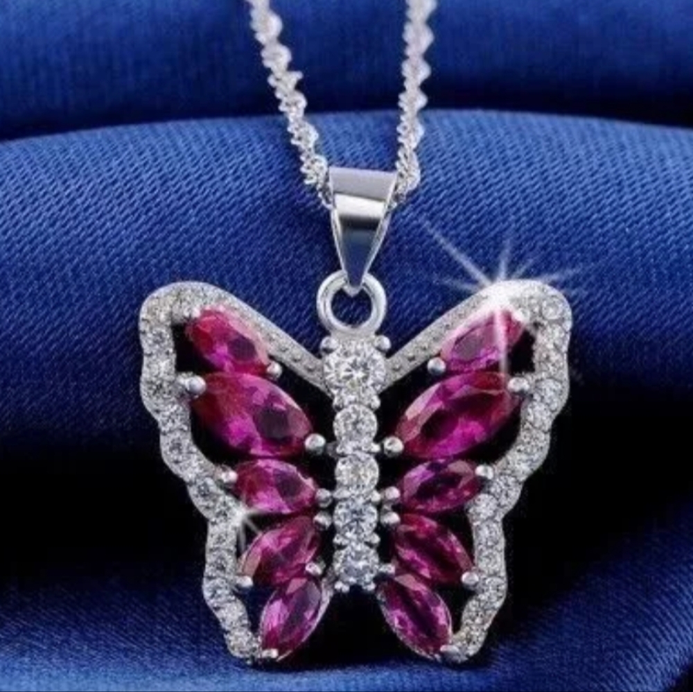 2 Ct 14K White Gold Plated Ruby Butterfly Pendant Necklace